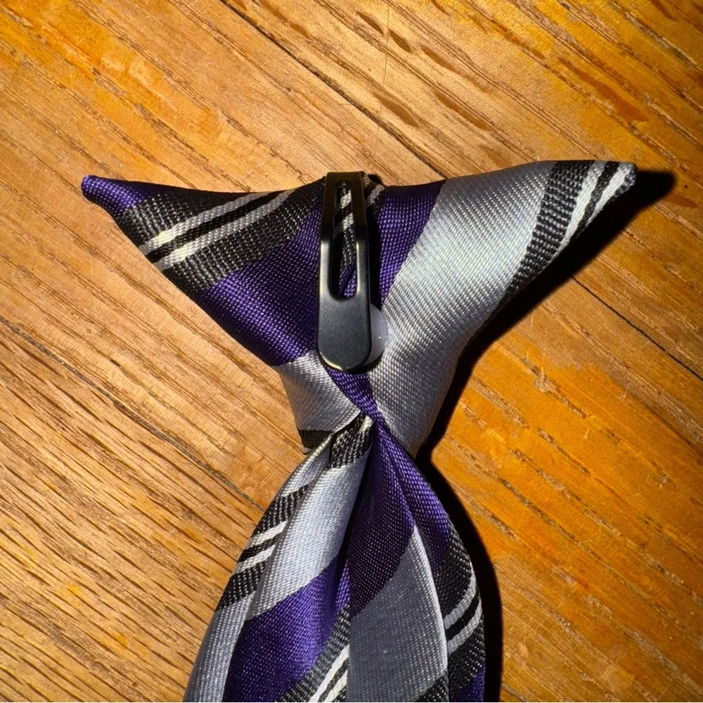 Little Boy’s Clip On Striped Purple, Silver and Black Tie #0784